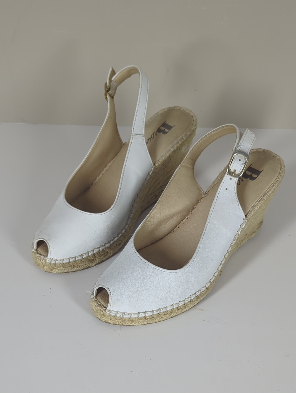 Browns White Leather Peep-Toe Espadrille Wedge Slingbacks 37